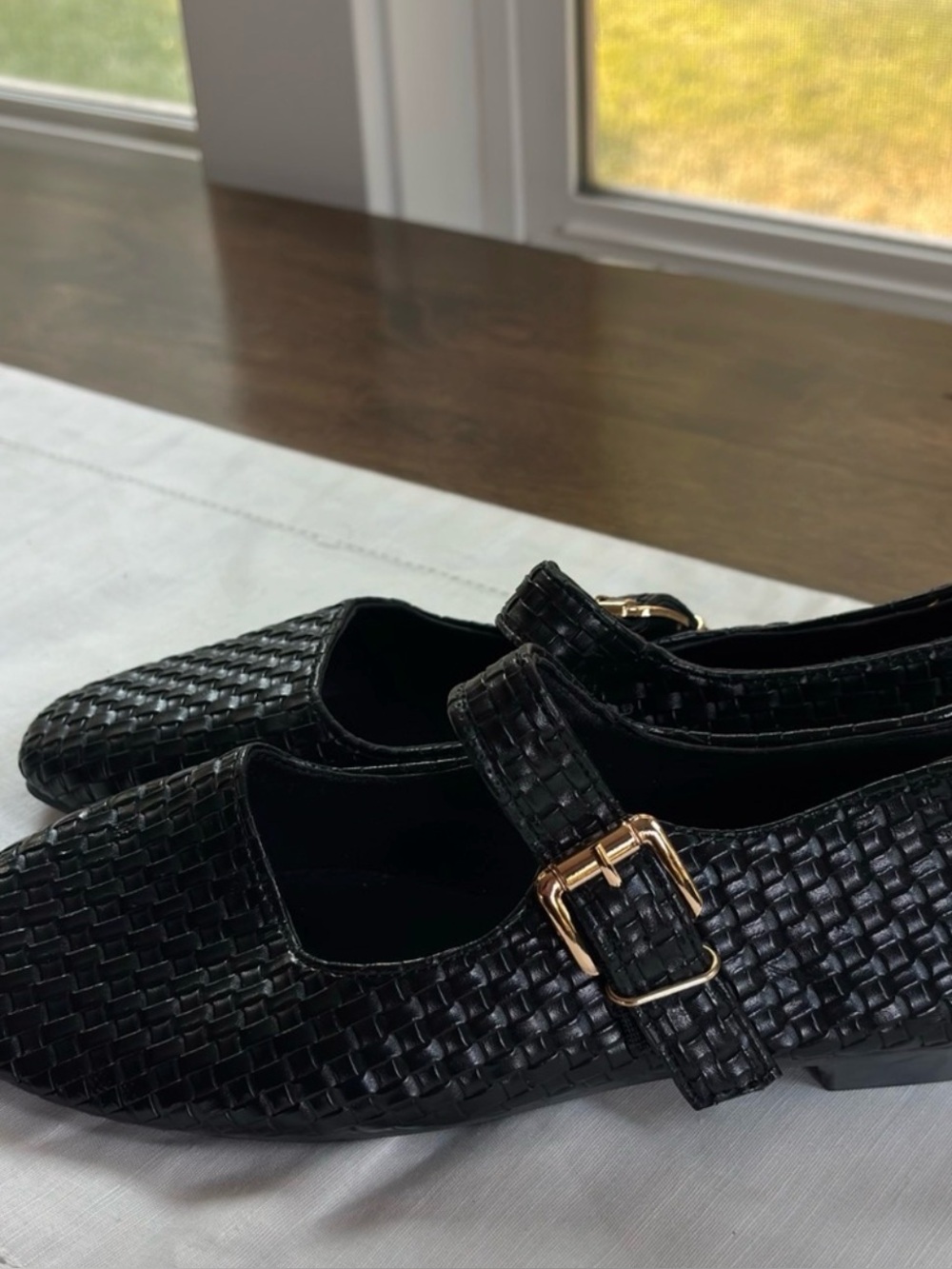 Black Woven Mary Jane Flats with Gold Buckle